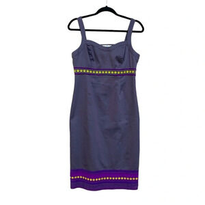 BODEN Pinafore Apron Shift Dress Ribbon Trim Gray Purple Size 6 Long Boho Classy